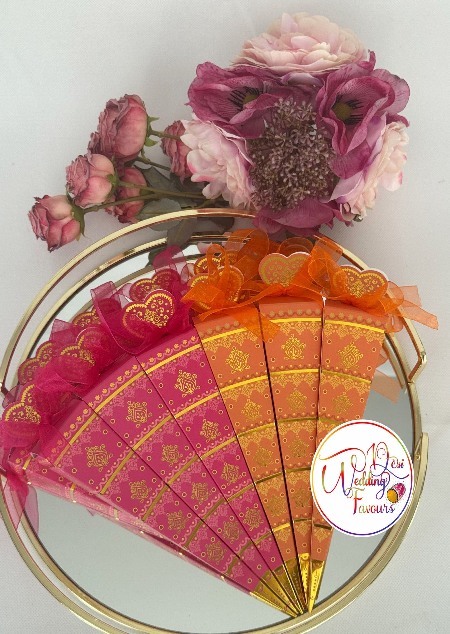 Mendhi Dholki Cone Themed Favour Boxes, Orange and Pink