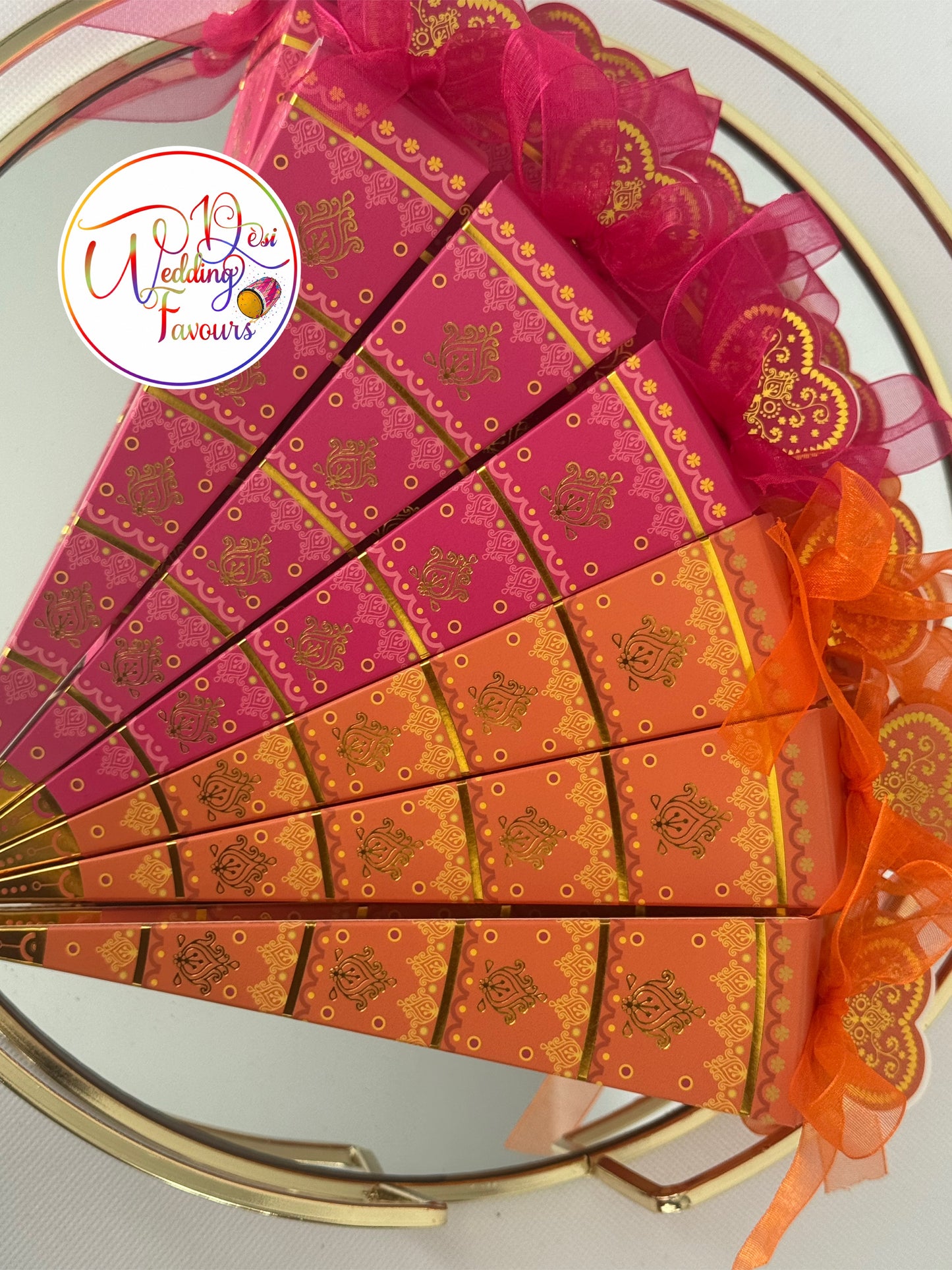 Mendhi Dholki Cone Themed Favour Boxes, Orange and Pink