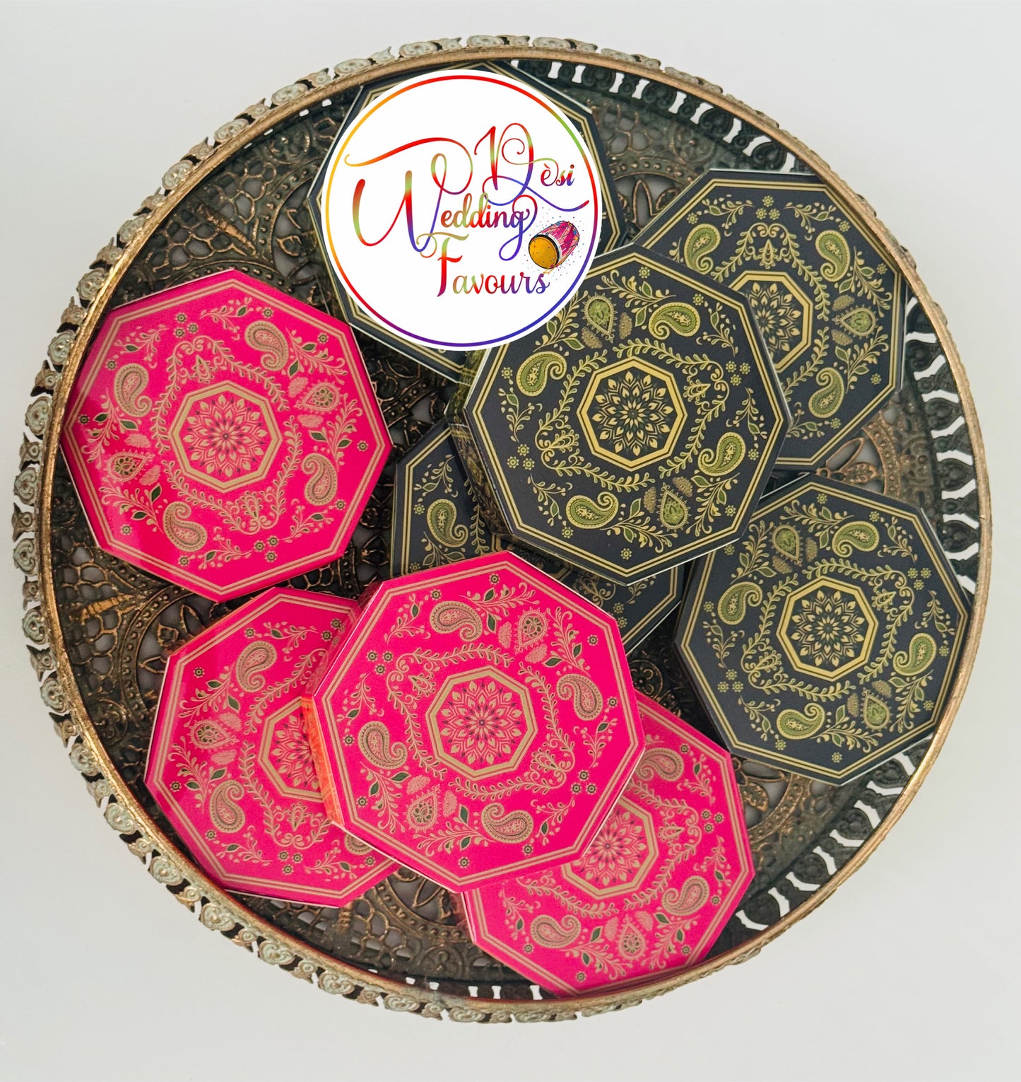 Mendhi Dholki Hexagon Favour Boxes, Navy & Green and Orange & Pink