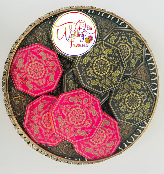 Mendhi Dholki Hexagon Favour Boxes, Navy & Green and Orange & Pink