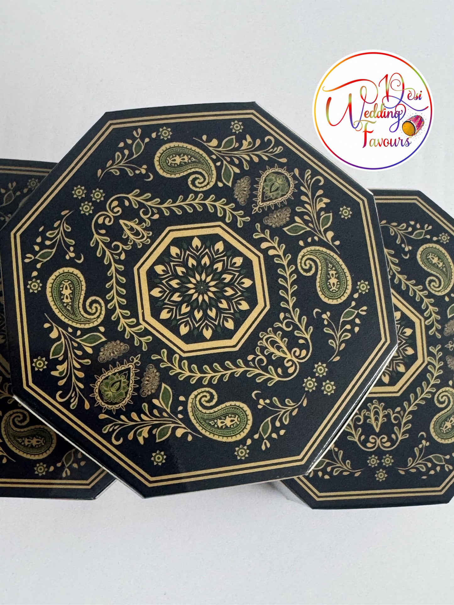 Mendhi Dholki Hexagon Favour Boxes, Navy & Green and Orange & Pink