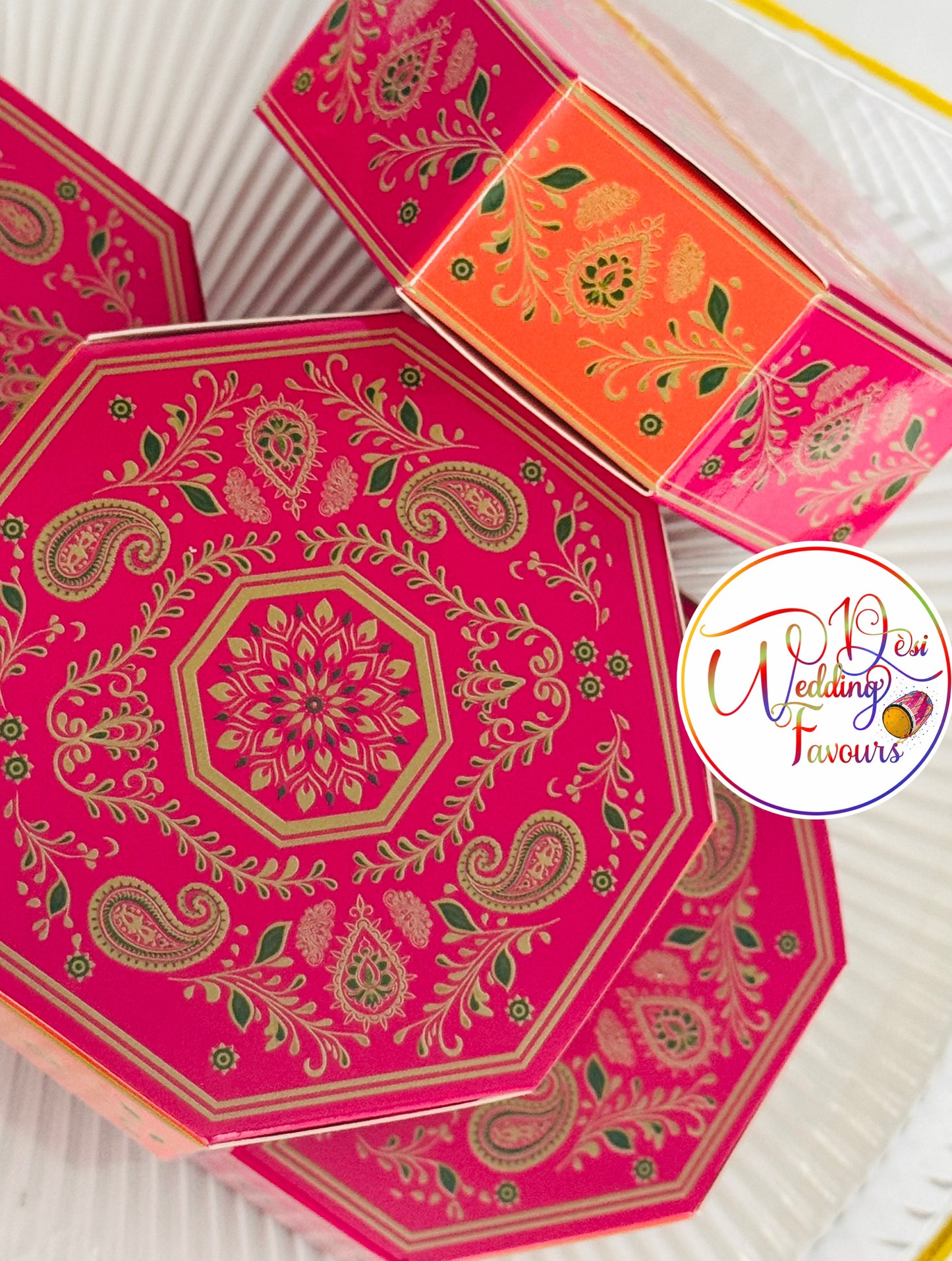 Mendhi Dholki Hexagon Favour Boxes, Navy & Green and Orange & Pink