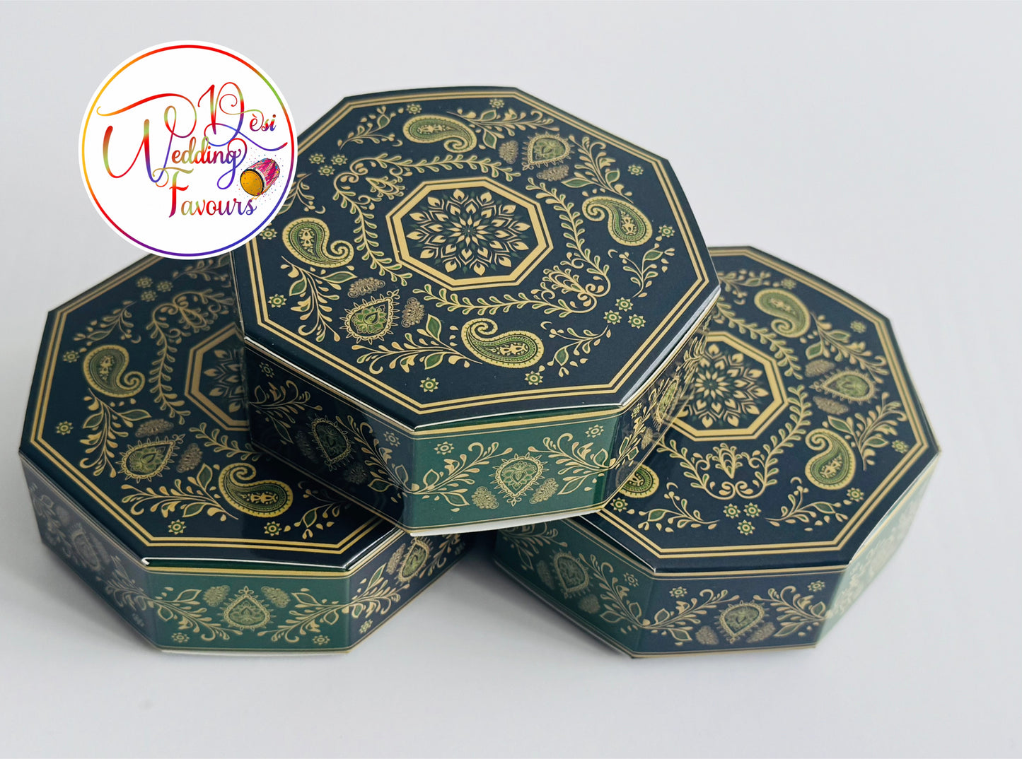 Mendhi Dholki Hexagon Favour Boxes, Navy & Green and Orange & Pink